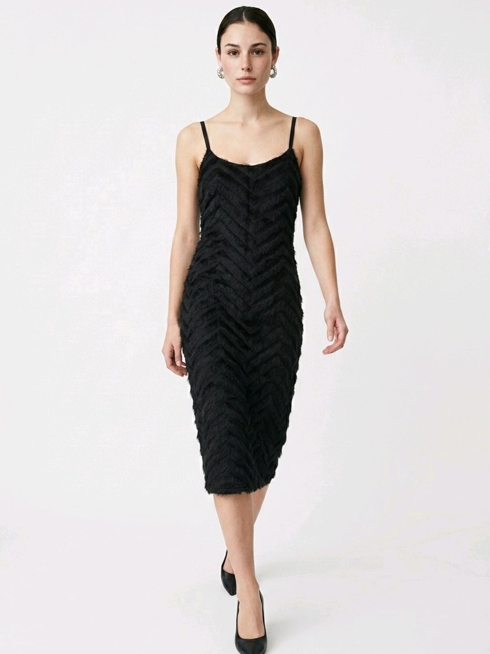 Black Textured Slip Midi Dress